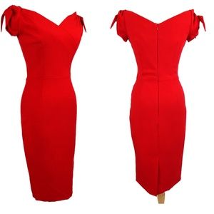Red Off-Shoulder Sheath Dress with Tie Sleeves